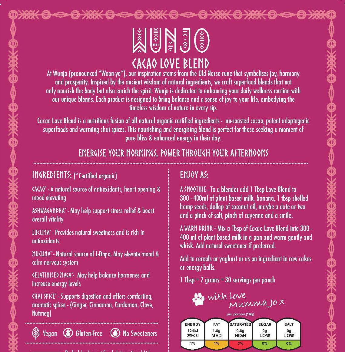 Wuno Cacao Love Blend label with ingredients and usage instructions on a pink background