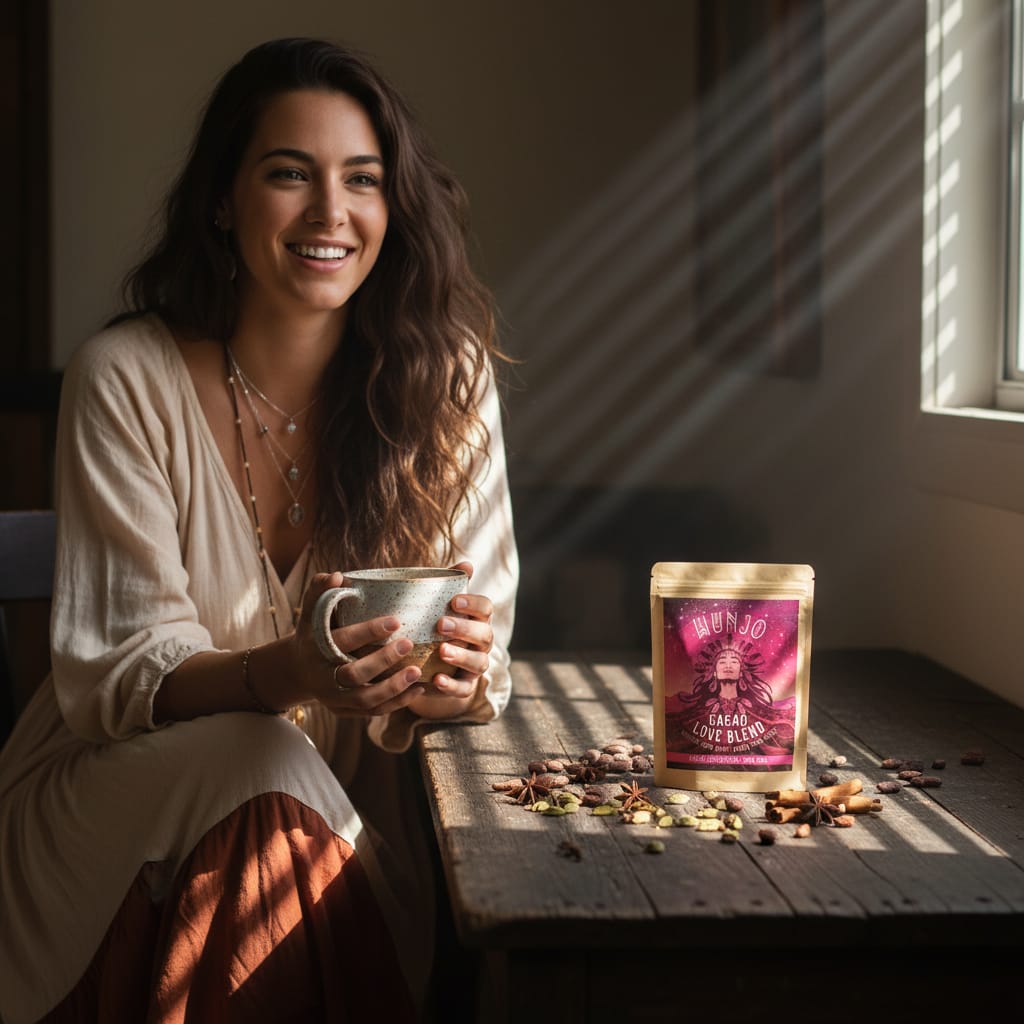 Cacao Love Blend pouch and a woman holding a mug of CLB drink