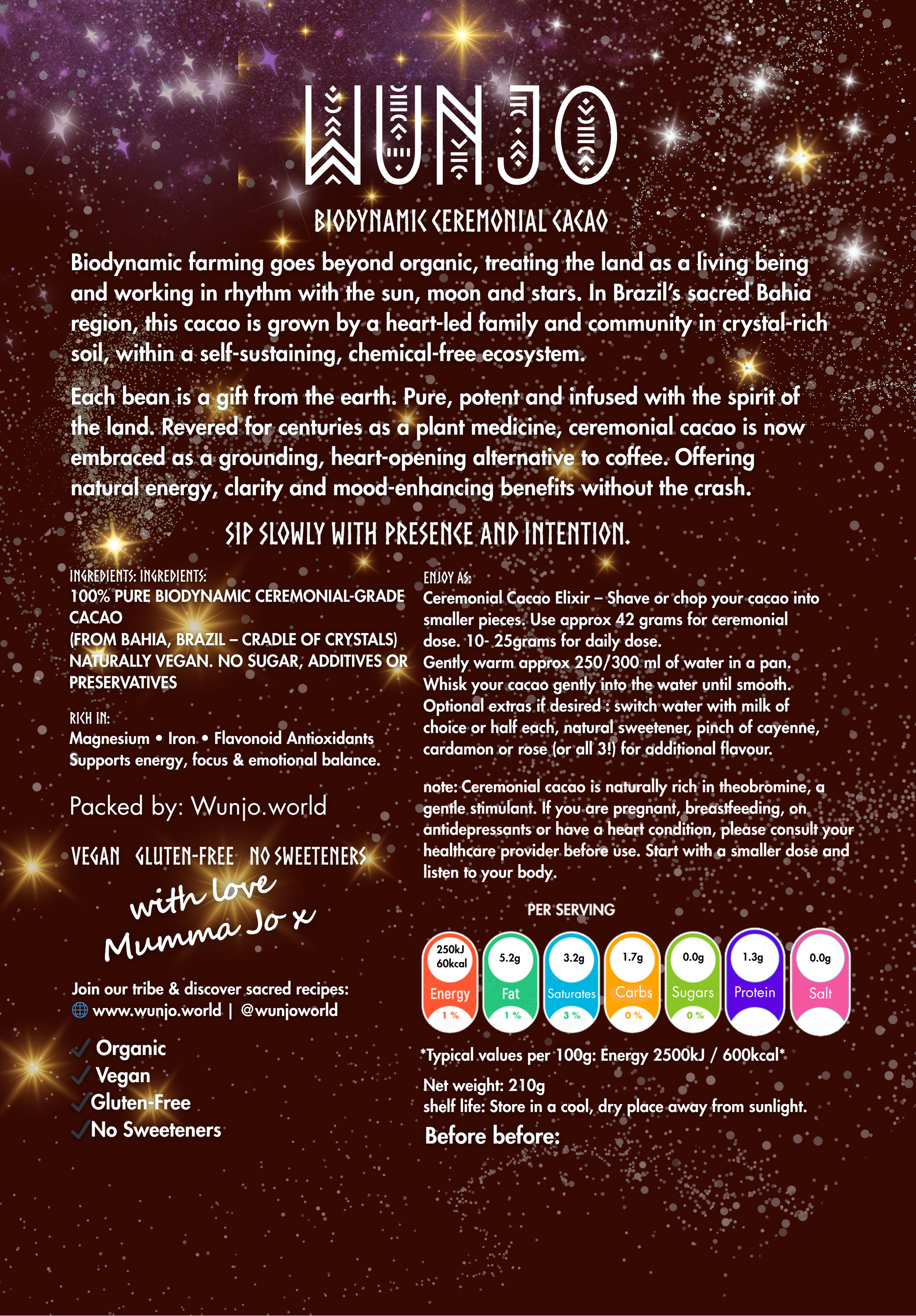 Wunjo Biodynamic Ceremonial Cacao packaging with text and color swatches on a dark background.