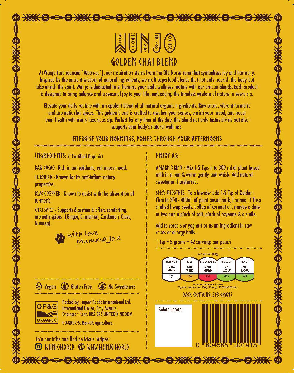 Wunjo Golden Chai Blend packaging with text and branding on a yellow background